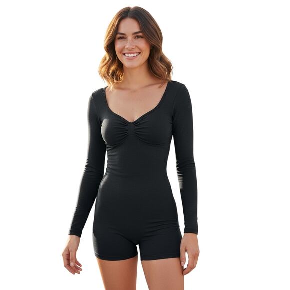 SKIMS Women’s Long Sleeve Stretch Romper Bodysuit Black XSOne-Piece